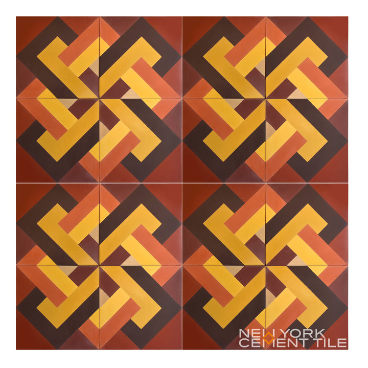 Interlocking yellow, orange & brown geometric tile (NL20-1B) from New York Cement Tile’s bold Geometrika collection.