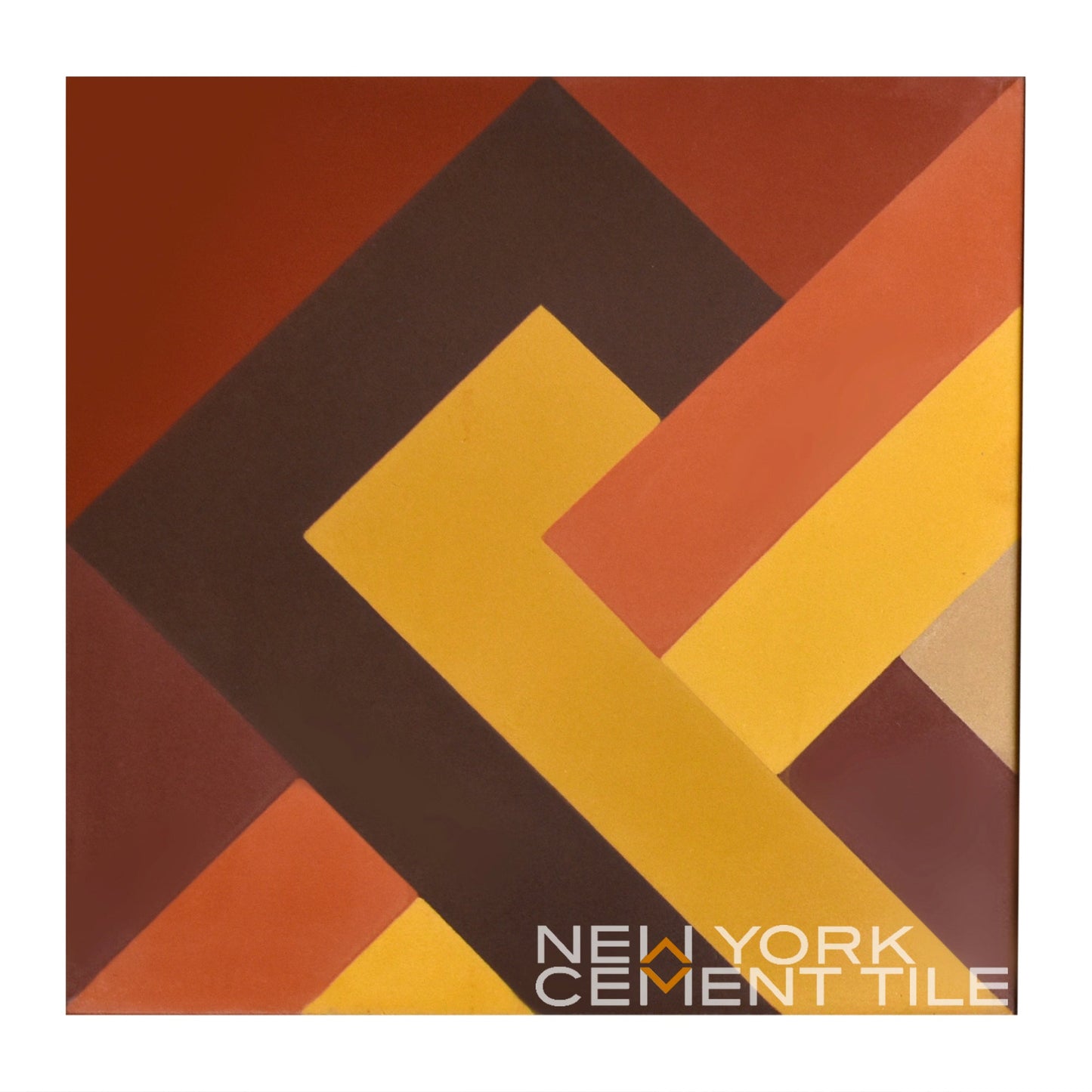Bold brown, yellow, orange & tan geometric tile from New York Cement Tile's NL20-1B, Sample.