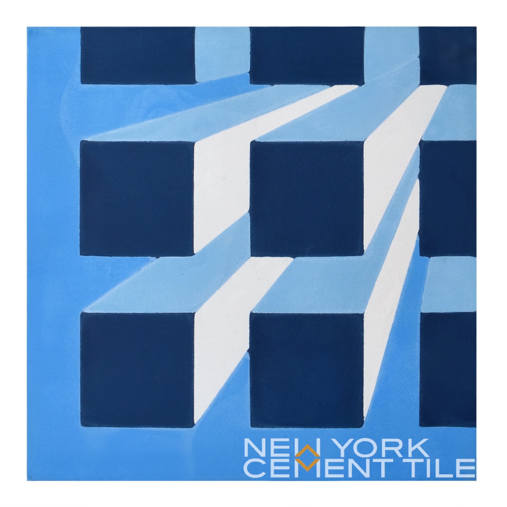Abstract blue and white geometric blocks—NL20-2B from New York Cement Tile’s Geometrika collection.
