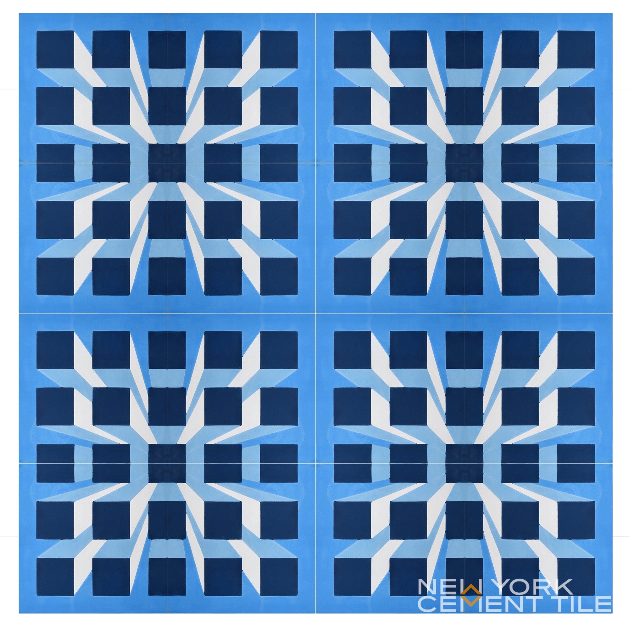 Geometric blue and white tile pattern (NL20-2B) from New York Cement Tile, text in bottom right.