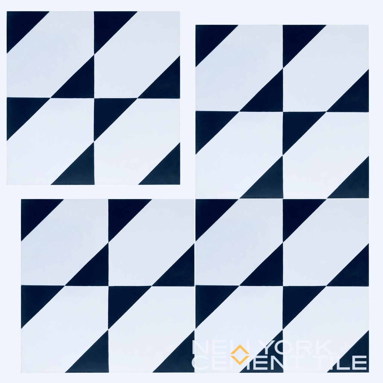 NL20-4A by New York Cement Tile: black & white pop art tiles with diagonal halves in grids on a light background.