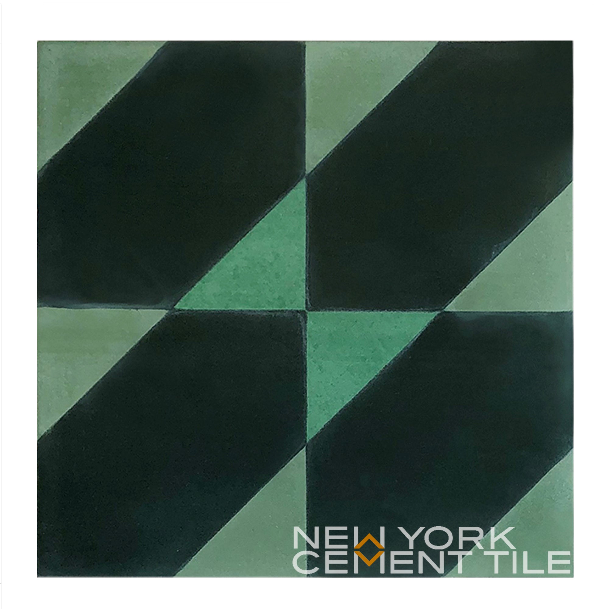 NL20-4B by New York Cement Tile: a geometric cement tile with diagonal black and green shapes; sample available.