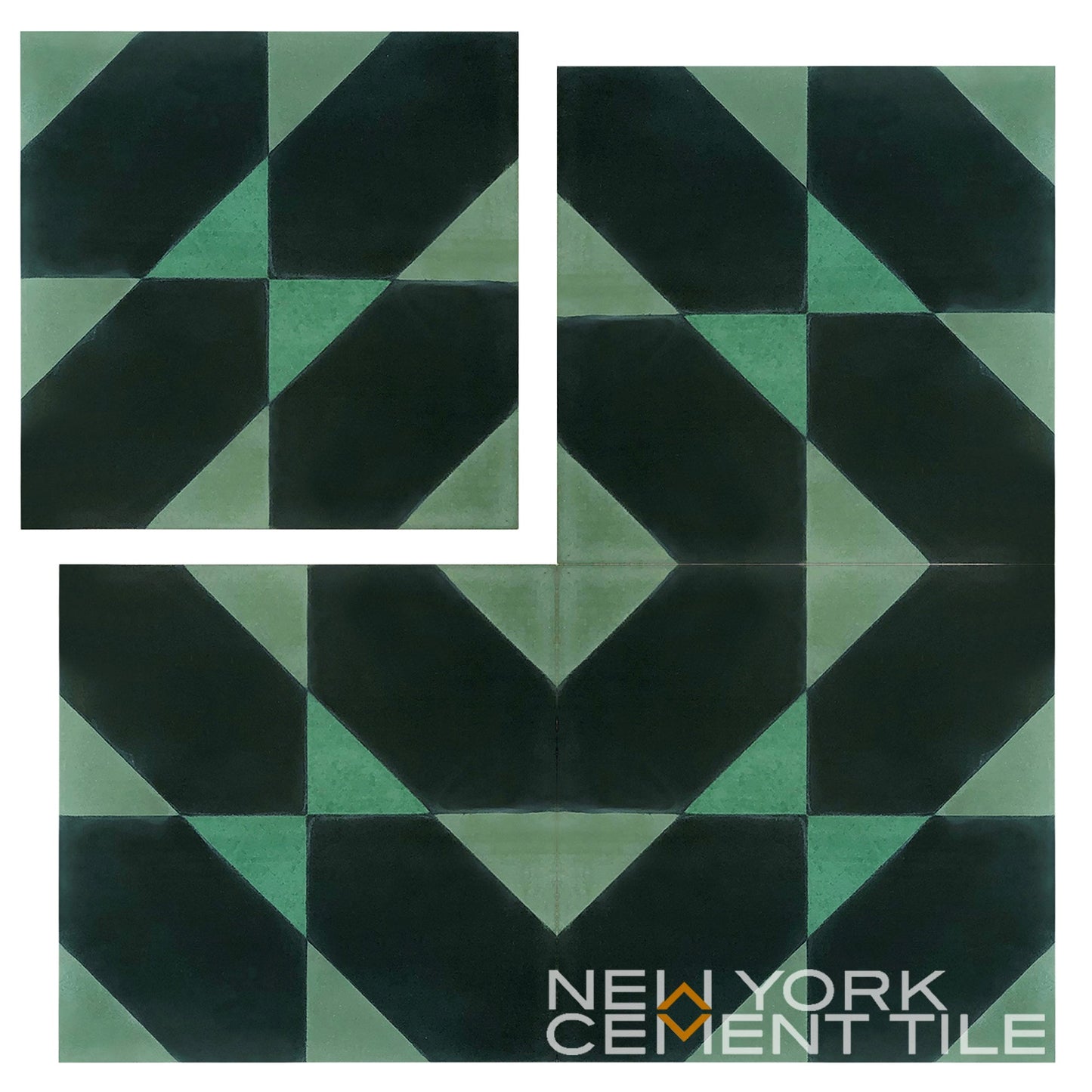 Geometric dark green & black NL20-4B tiles create a bold pattern; New York Cement Tile branding in the corner.