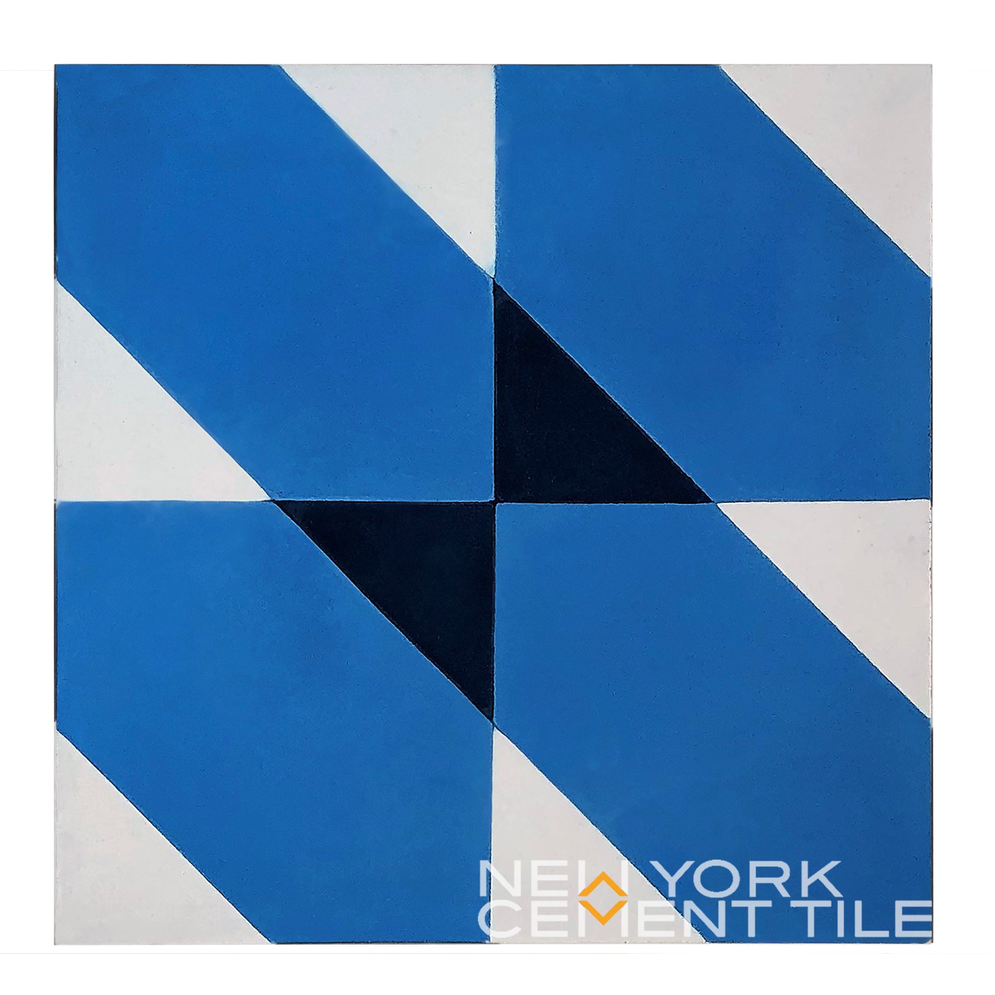 Geometric tile pattern in blue, white, and black from New York Cement Tile NL20-4C Sample; logo at bottom right.