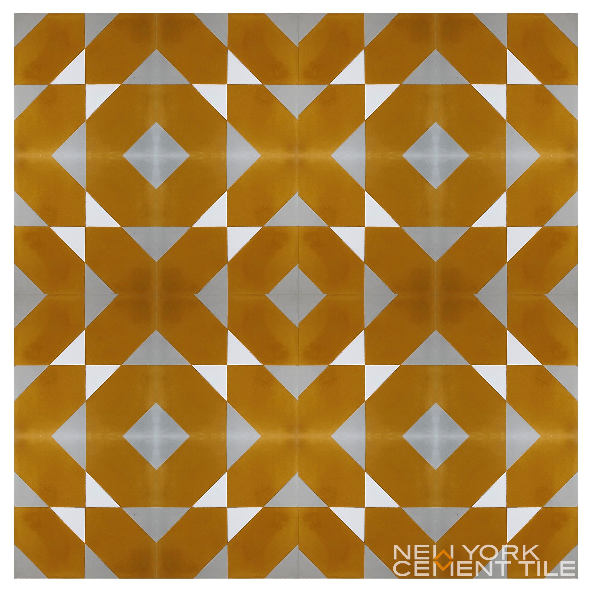 Gold and gray diamond geometric pattern in a symmetrical grid. NL20-4D, Sample by New York Cement Tile in corner.