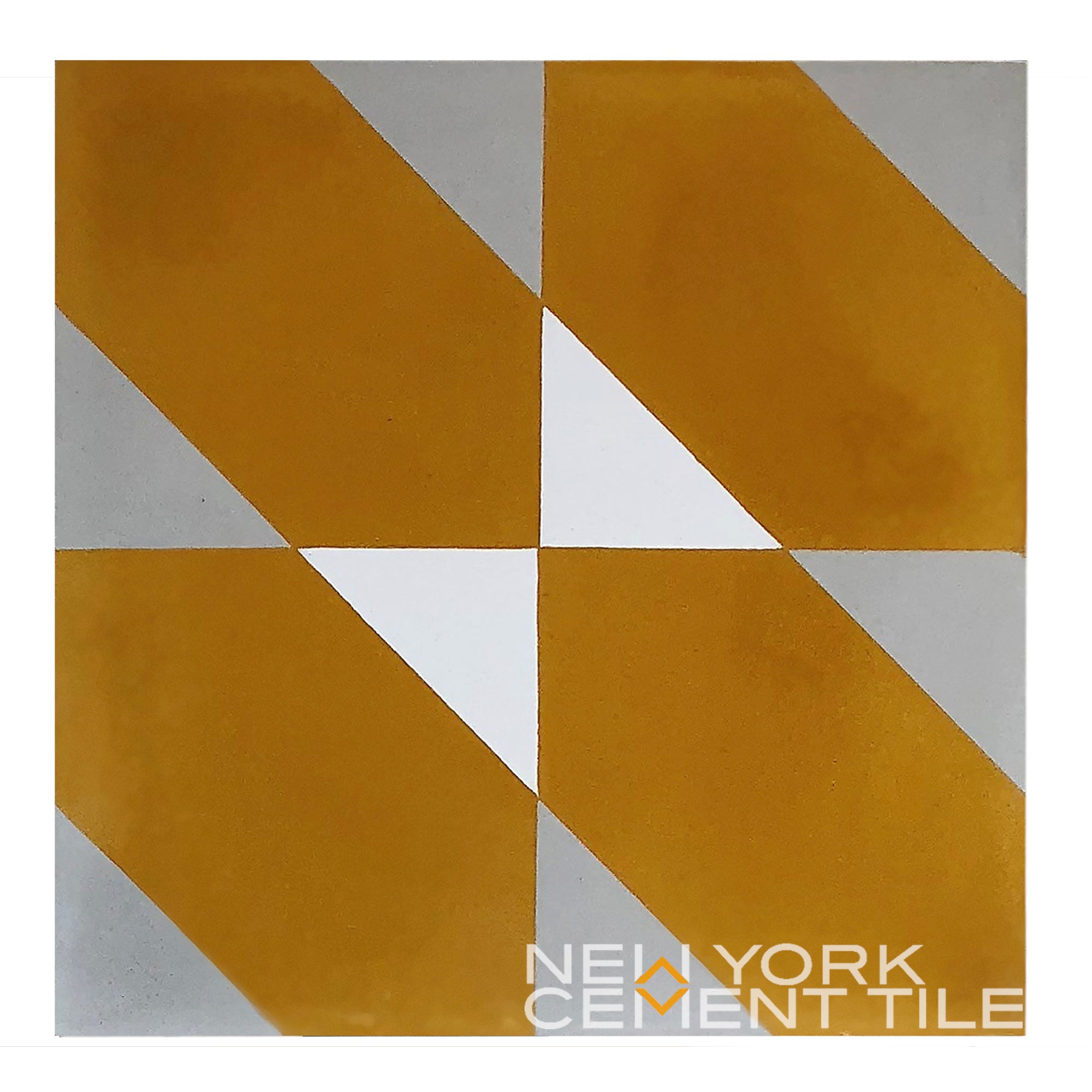 Geometric tile pattern (NL20-4D) by New York Cement Tile in mustard yellow, gray & white; logo in corner.