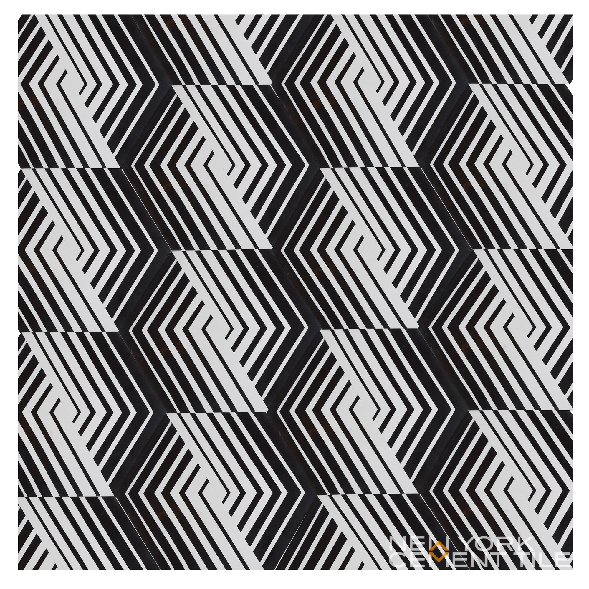 NL23-7 by New York Cement Tile: Black and white geometric diagonals form interlocking hexagons like handcrafted tiles.