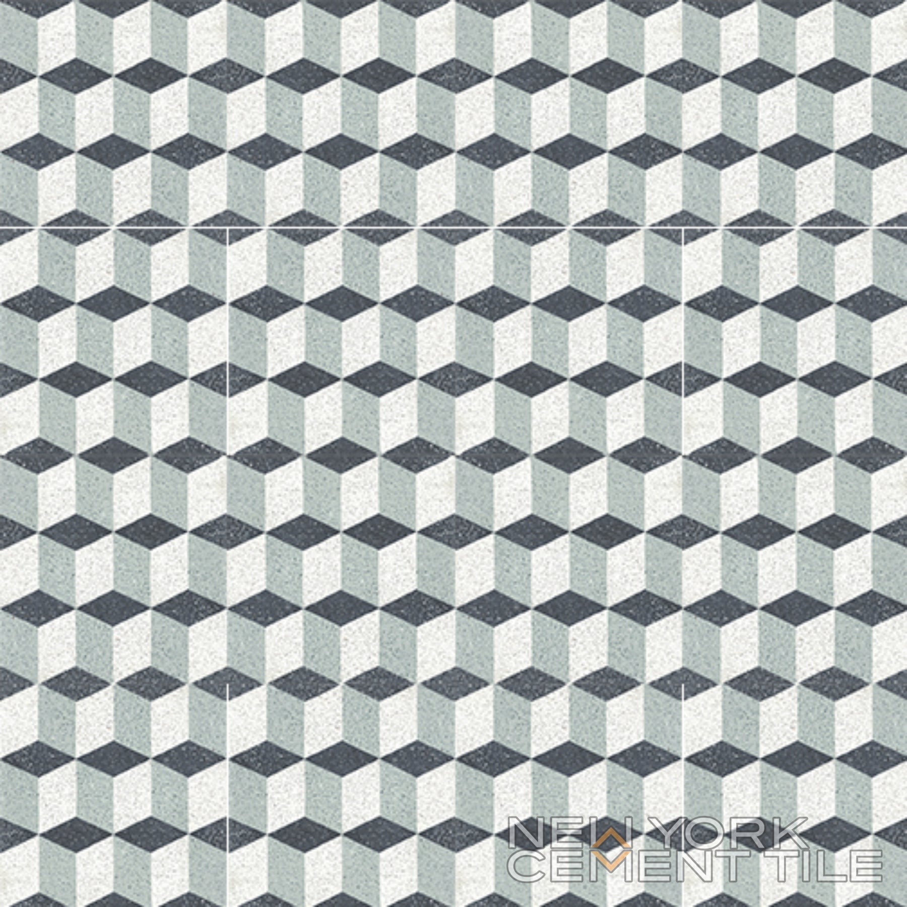 A gray and white interlocking cube pattern on the Terrazzo 8x8- NT20-013 by New York Cement Tile evokes durable flooring.