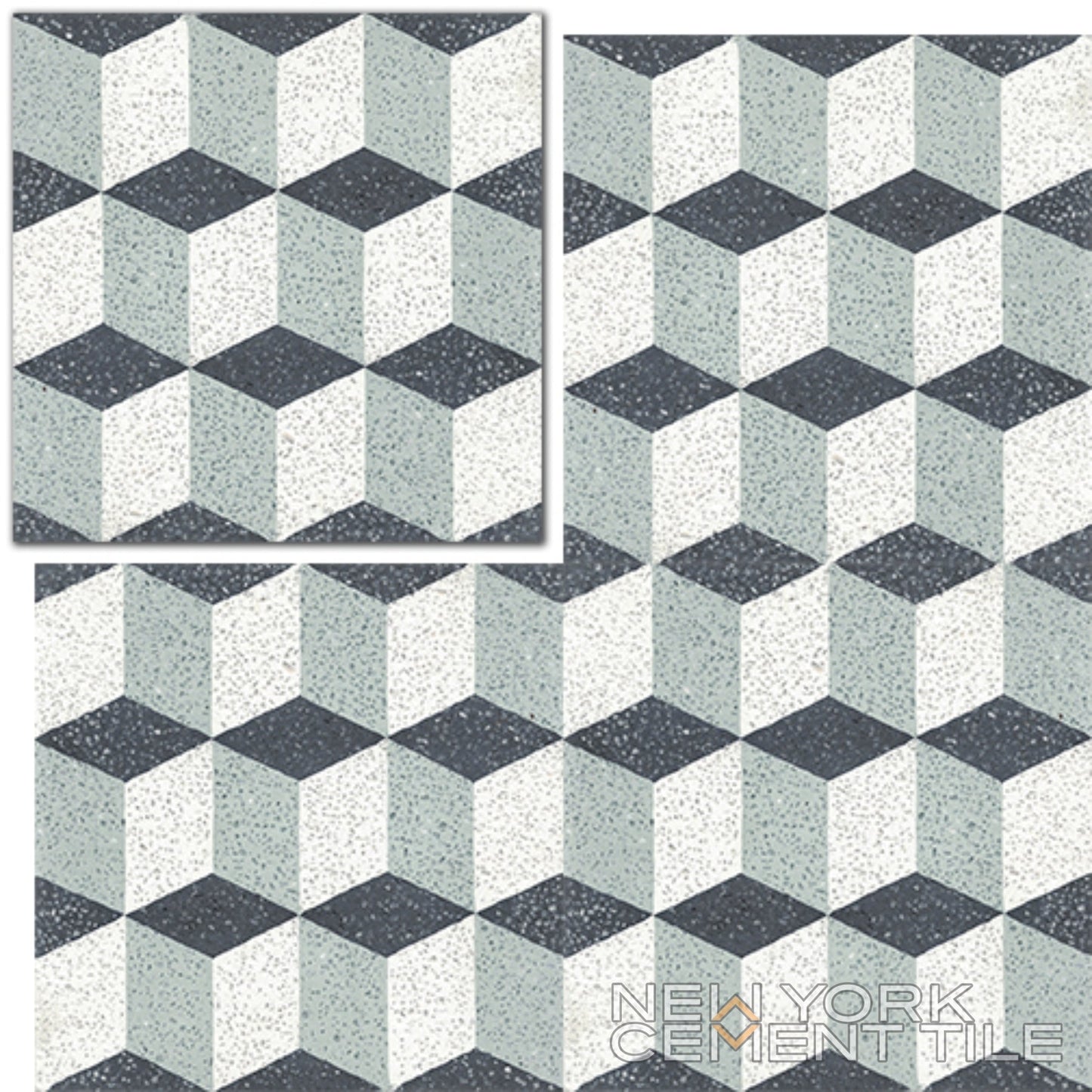 Geometric cube pattern in black, white & gray. Terrazzo 8x8- NT20-013 sample by New York Cement Tile.