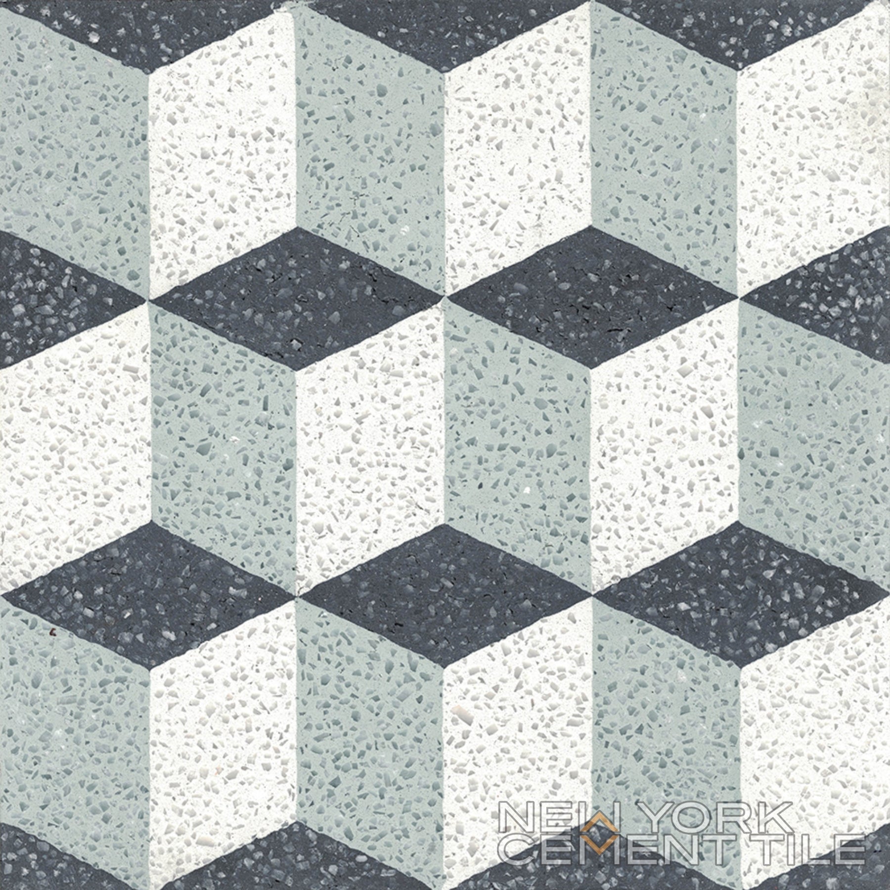 Geometric cube mosaic in black, white & gray terrazzo—Terrazzo 8x8- NT20-013 Sample by New York Cement Tile.