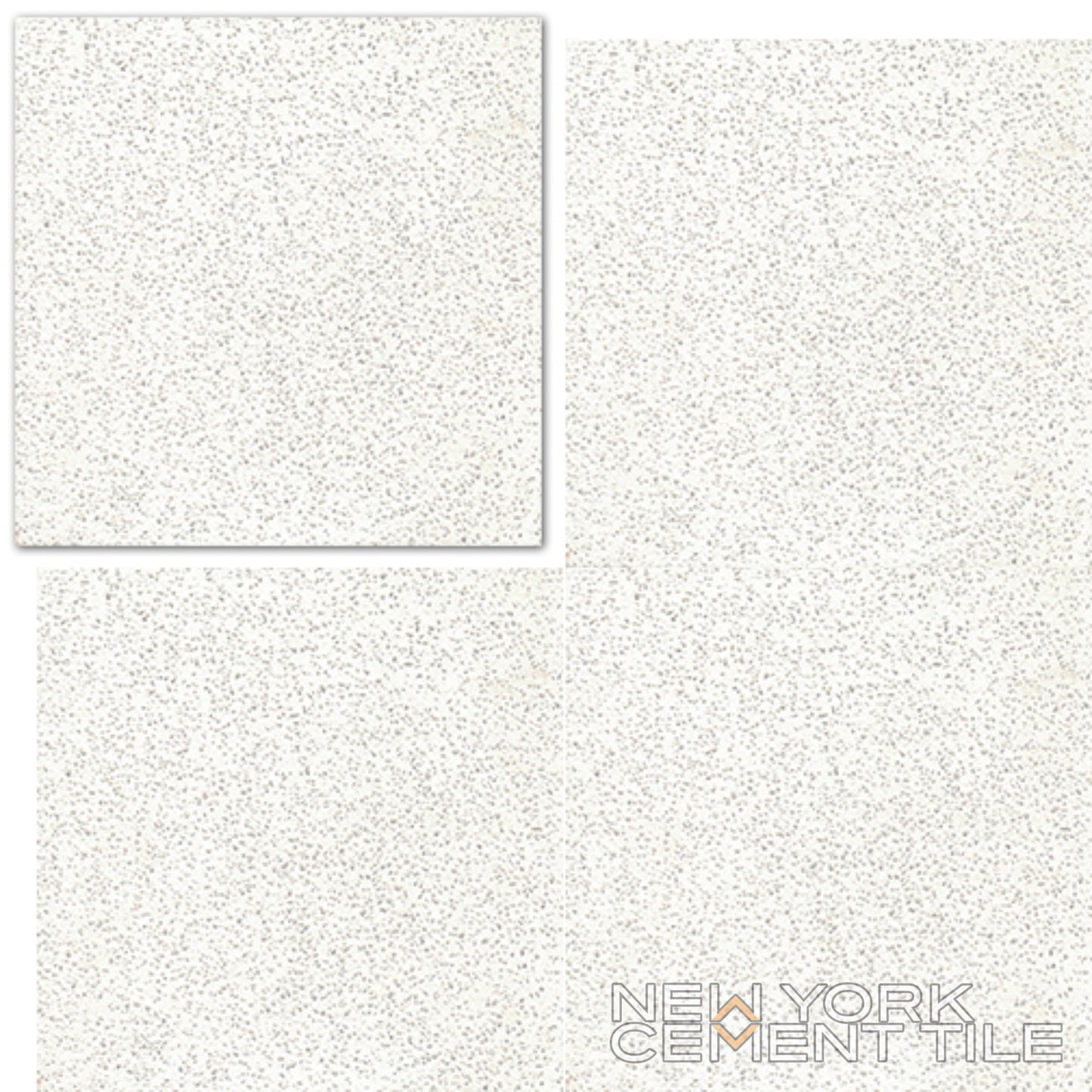 NT20-014 Extra Sample by New York Cement Tile: white tile with tiny gray dots, shown as single and multiple layouts.