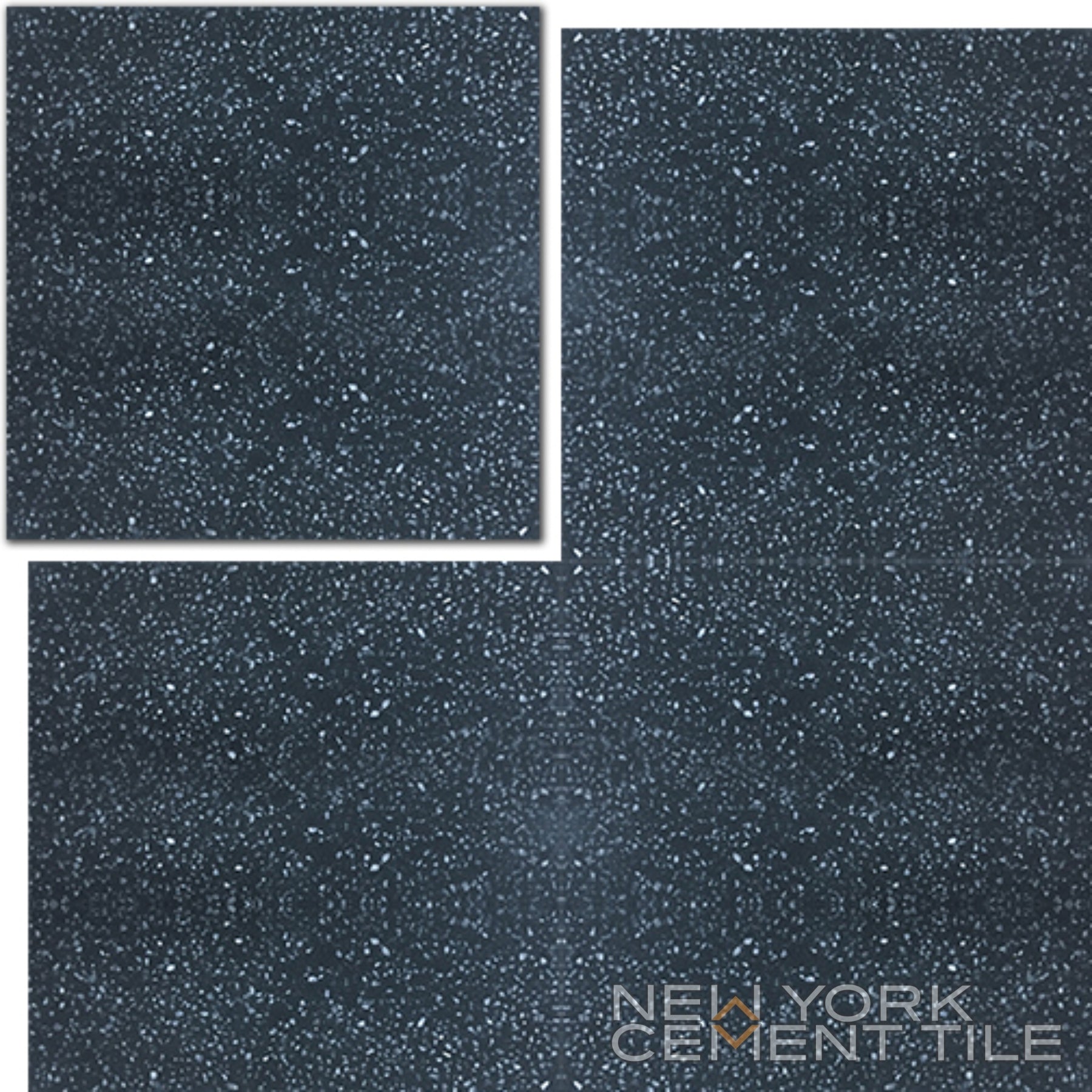 Terrazzo 8X8 - Solid Black by New York Cement Tile: dark speckled tile with a star-like pattern, shown solo and grouped.