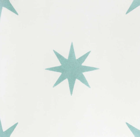 Light blue eight-pointed stars repeat on white in New York Cement Tile's Pleiades A In Sea Glass, Extra Sample.