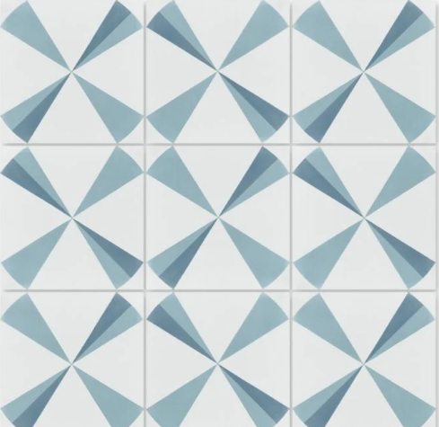 The Polaris Azul Sample by New York Cement Tile features handcrafted blue and white geometric pinwheel designs.