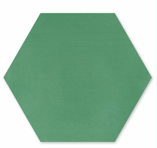 A solid green hexagon on white, inspired by handcrafted tiles—NH23-3305 from New York Cement Tile.
