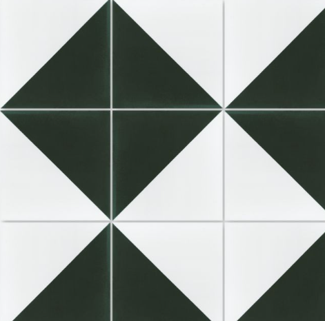 The N20-139 Forest Pine & White tile by New York Cement Tile features bold black and white diamond patterns.