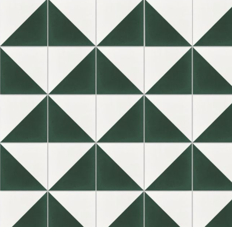 The N20-139 Forest Pine & White tile by New York Cement Tile features geometric green and white diamond patterns.