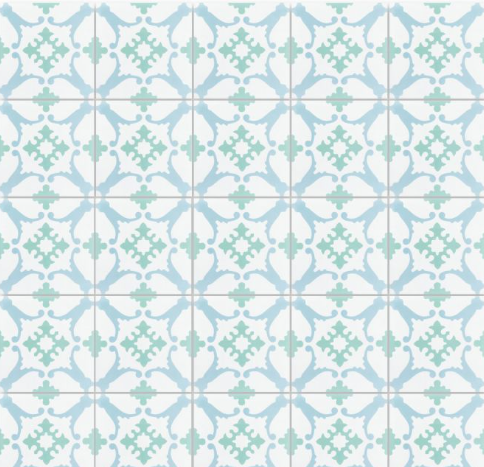 N20-148 Nassau by New York Cement Tile: blue & green geometric floral/star tiles, ideal for durable flooring.