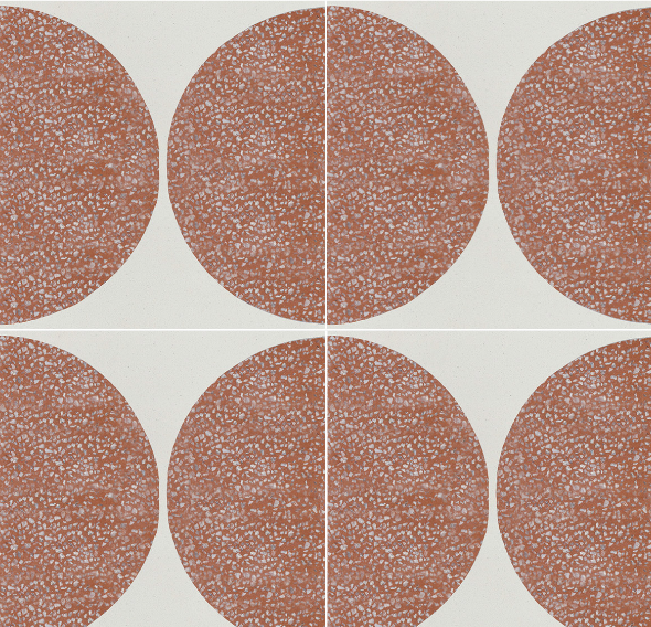 Terrazzo 8x8 - TERA DREAM Sample by New York Cement Tile features large, speckled reddish-brown circles on light.