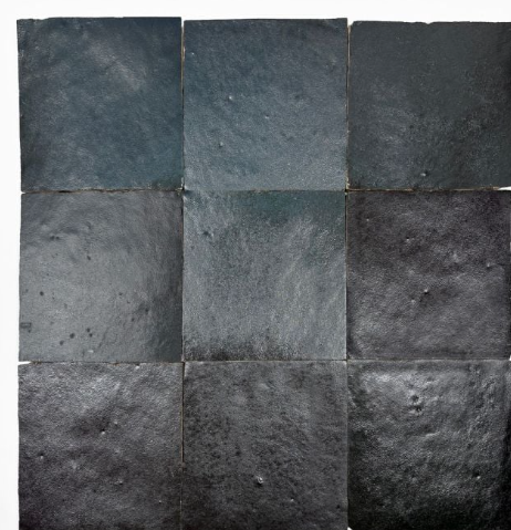Nine Metallic Black Onyx tiles by New York Cement Tile, matte finish, arranged in a handcrafted 3x3 grid.