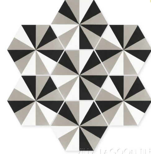 Do-Si-Do Sencillo by New York Cement Tile features black, gray, and white geometric patterns on handcrafted cement tiles.