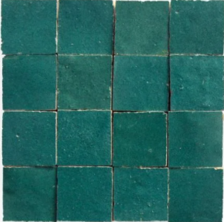 Aurora by New York Cement Tile: 16 green handcrafted square tiles in a 4x4 grid, each subtly textured and finely separated.