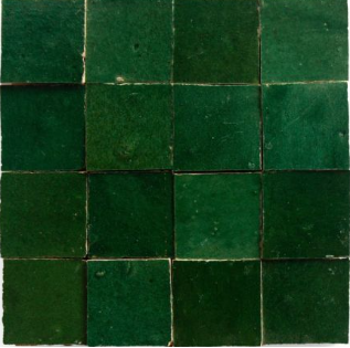 Sixteen Forest Green 2X2 tiles by New York Cement Tile in a 4x4 grid, each with subtle shade and texture variations.
