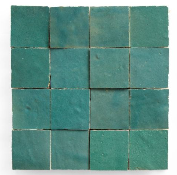 A grid of sixteen Water line 2X2 tiles by New York Cement Tile, each teal square with subtle texture and color variations.