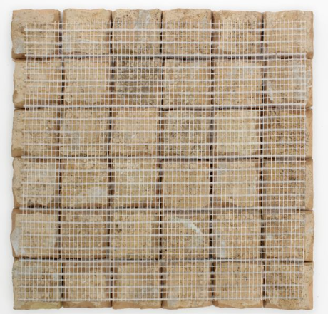 Frost 2X2 by New York Cement Tile: square beige clay tiles in a grid, attached with white mesh backing.