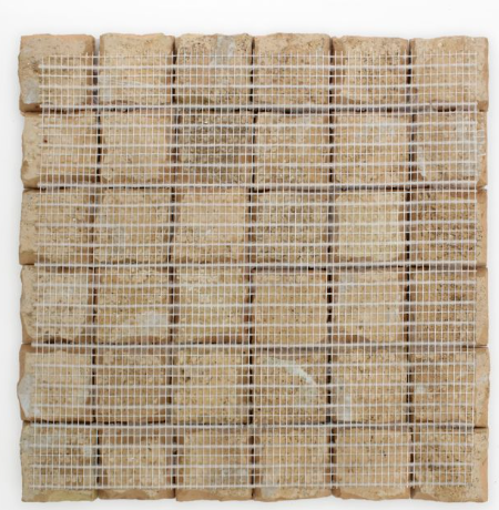 The Leafy Green 2X2 by New York Cement Tile is a square sheet of small green tiles set on a white mesh backing.