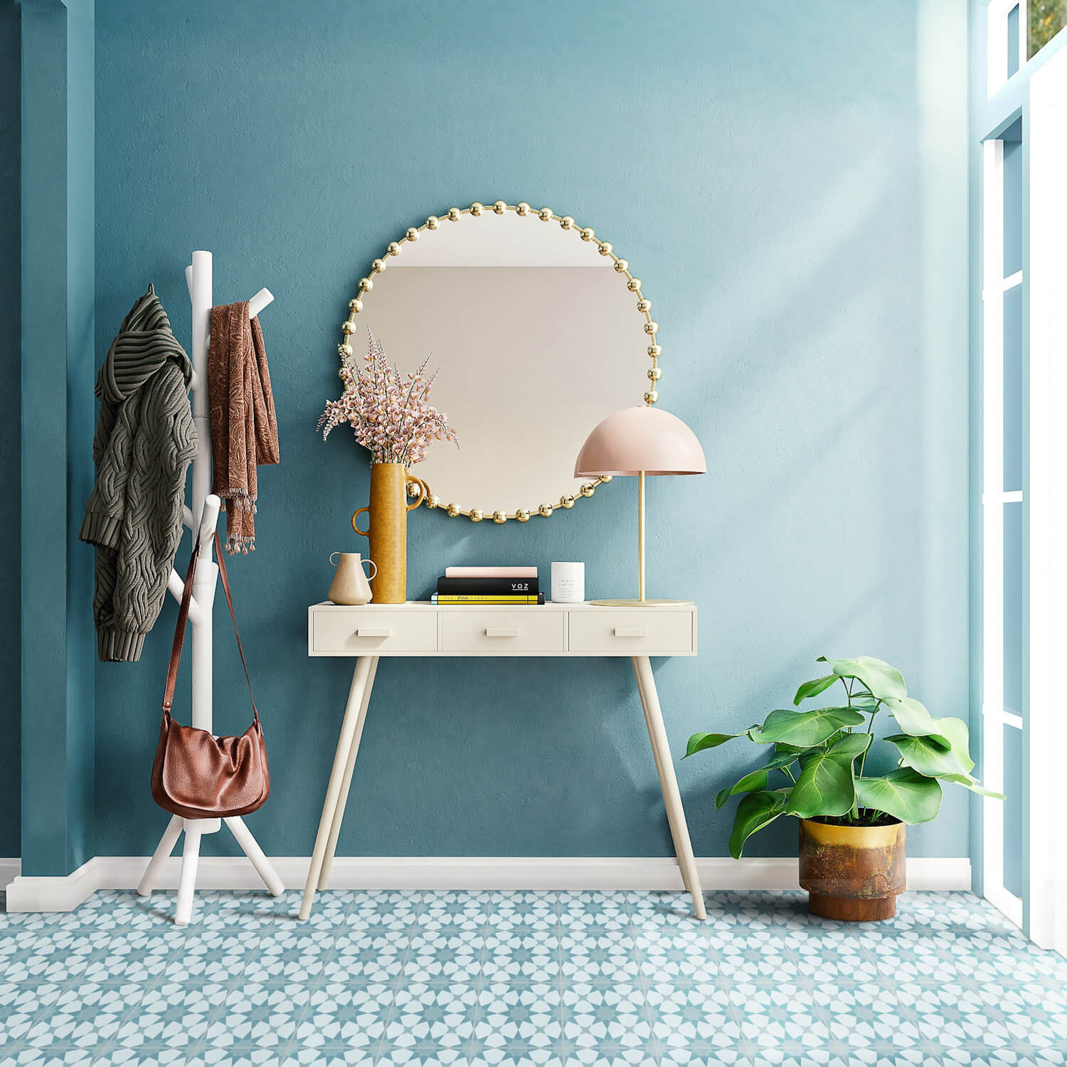 A stylish entryway with a console, mirror, lamp, and N20-271 Blue tiles by New York Cement Tile for a unique touch.