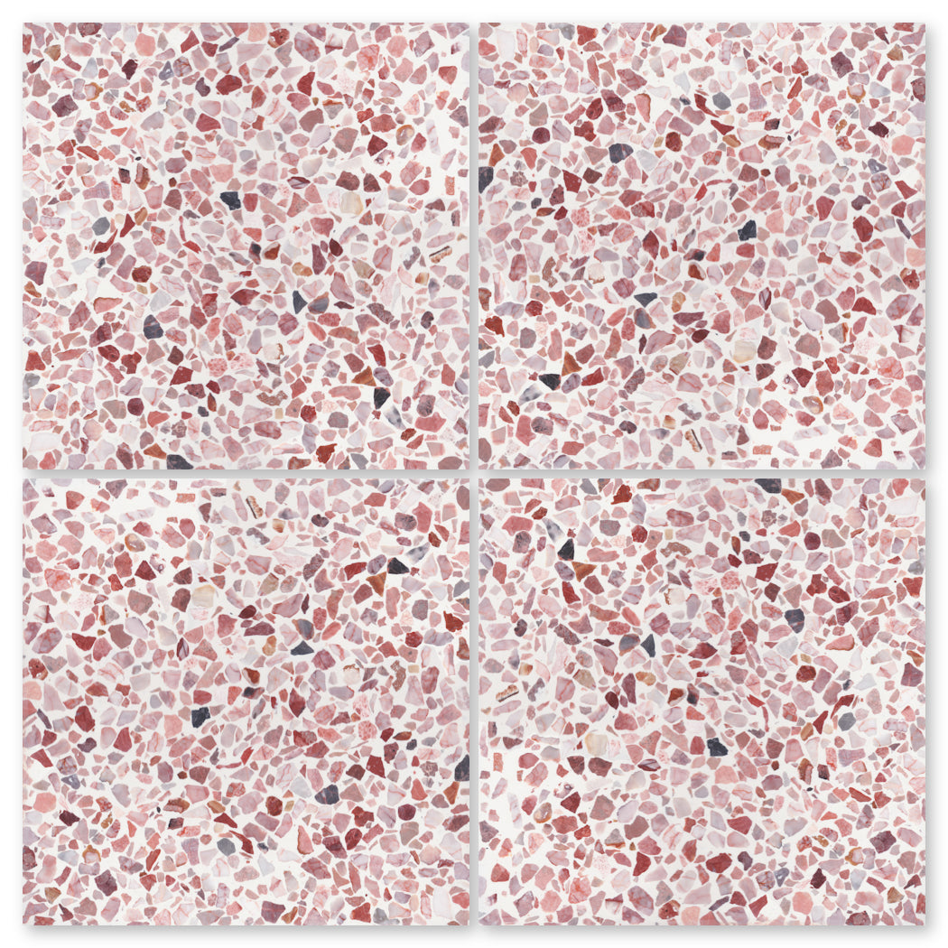 New York Cement Tile’s Terrazzo 12X12 -NT30-Cheeky features a white base with pink, red, and gray chips for stylish floors.
