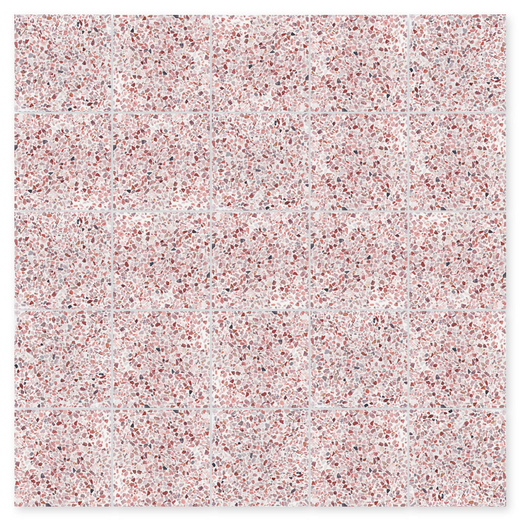 A 25-square grid with pink, red, and gray mosaic pattern: Terrazzo 12X12 -NT30-Cheeky sample by New York Cement Tile.