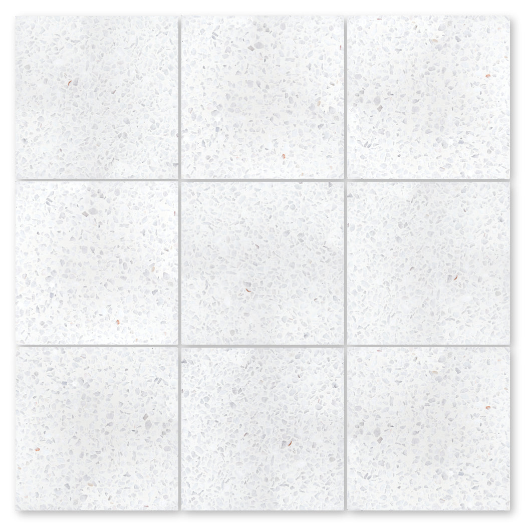 Nine Terrazzo 12X12-NT30-Dew Drop tiles by New York Cement Tile form a 3x3 mosaic with gray and beige speckles.