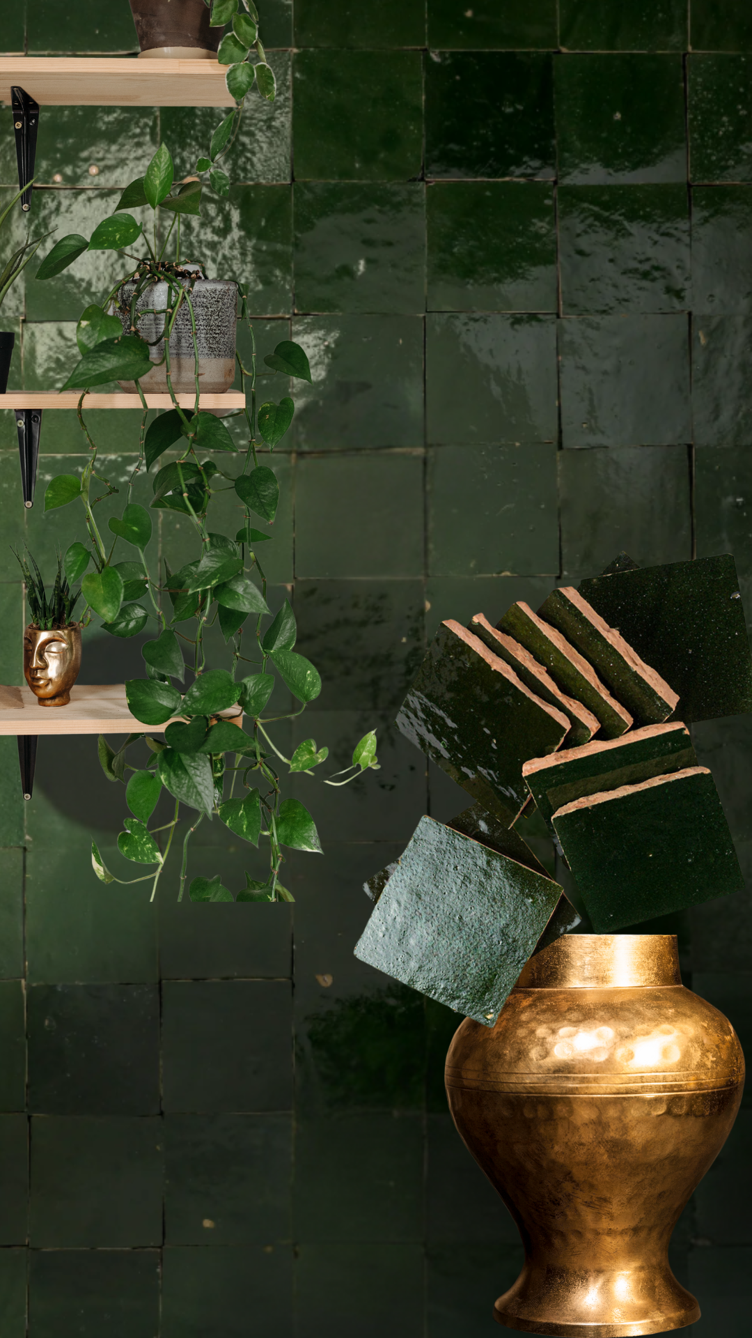 Moss Green tile by New York Cement Tile, potted plants, and a brass vase accent a dark green tiled wall.