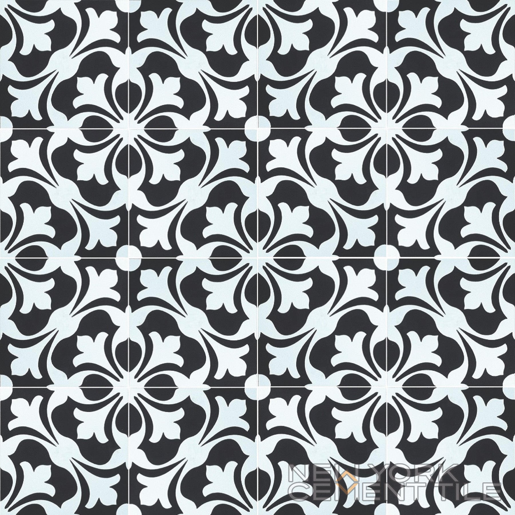 N20-007 by New York Cement Tile: a repeating pattern with black, white & gray geometric and floral shapes, handcrafted-inspired.