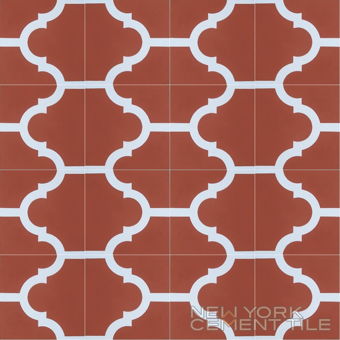 The N20-014, Sample by New York Cement Tile features red and white geometric patterns in handcrafted cement tiles.