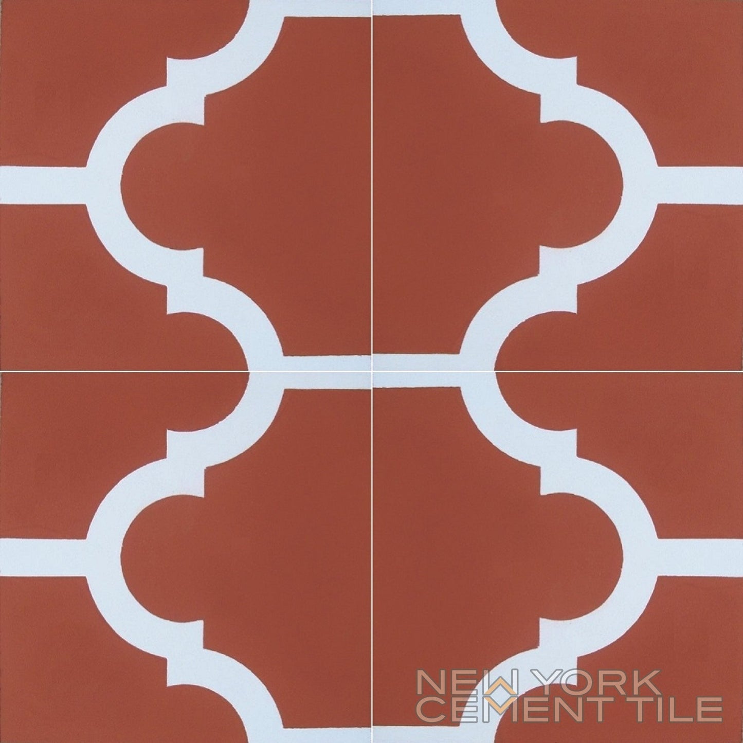 Four handcrafted N20-014 Extra Sample tiles by New York Cement Tile show white curved, geometric lines in a symmetrical pattern.