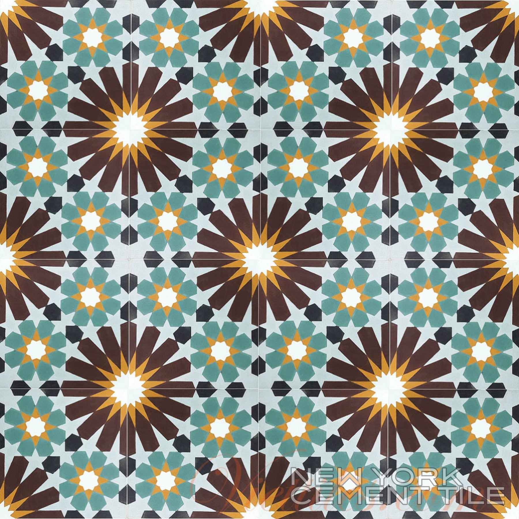 Geometric tile with brown, teal, yellow, and white starbursts by New York Cement Tile; N20-029 sample in corner.