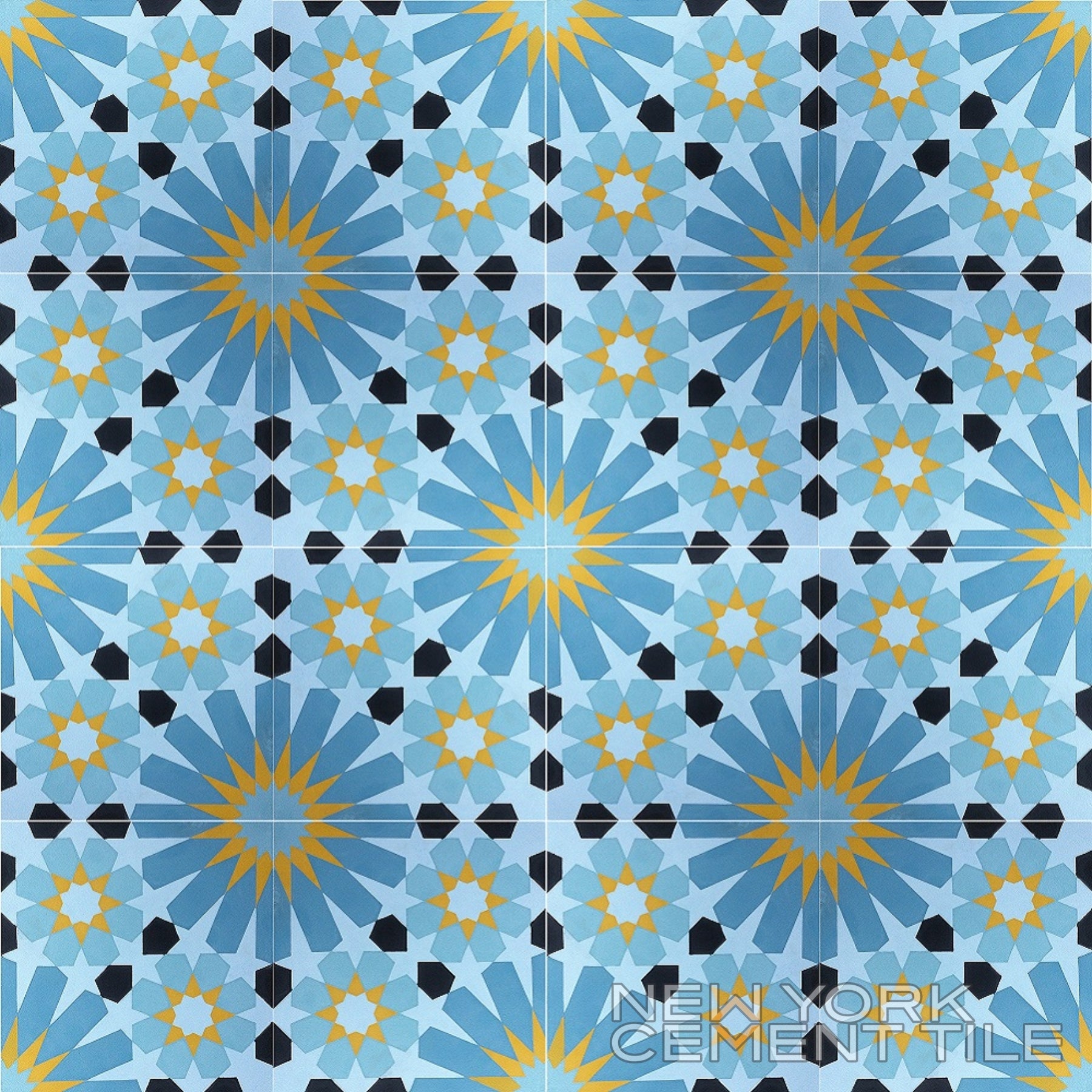 Blue and yellow star-patterned N20-029 tile by New York Cement Tile shown in the bottom right corner.