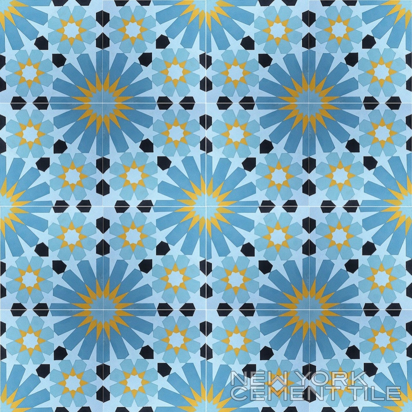 Geometric star tile pattern in blue, yellow, black & white; "N20-029 Sample" by New York Cement Tile in bottom right.