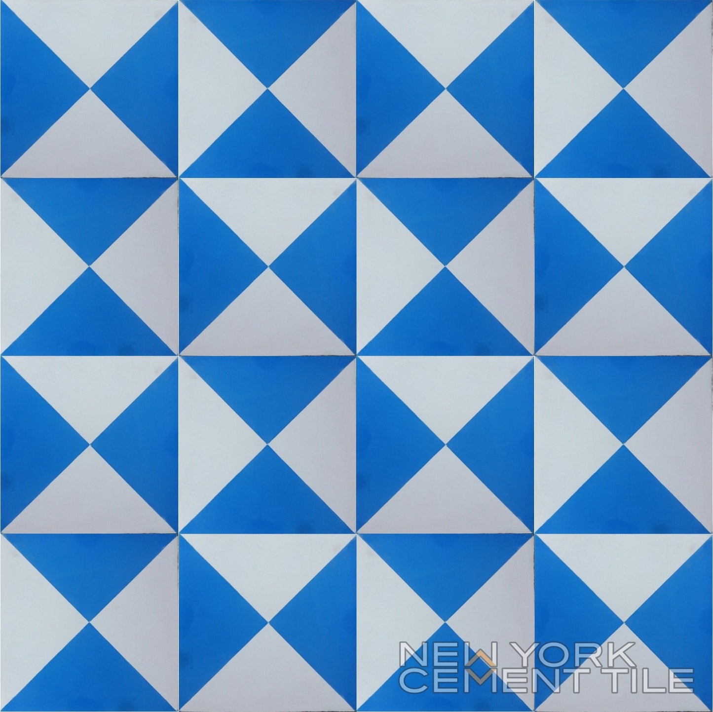 Blue and white geometric tile pattern, N20-032 sample by New York Cement Tile; handcrafted cement tiles.