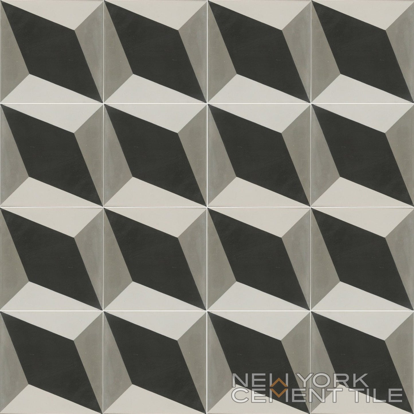 N20-034 Sample by New York Cement Tile: geometric black, gray, and white handcrafted cement tiles in a repeating pattern.