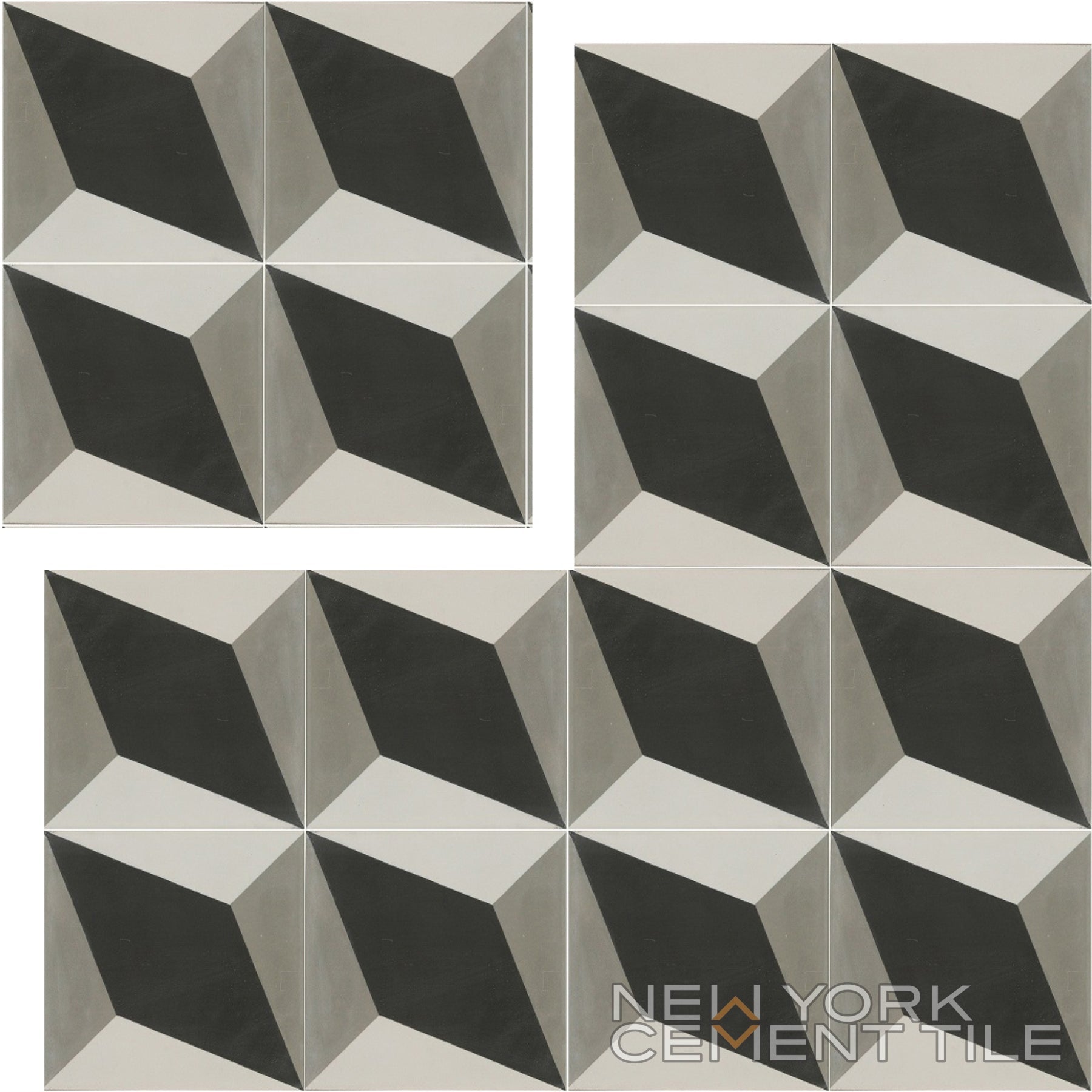 Handcrafted geometric diamond-patterned tile sample (N20-034) by New York Cement Tile, in black, gray, and white.
