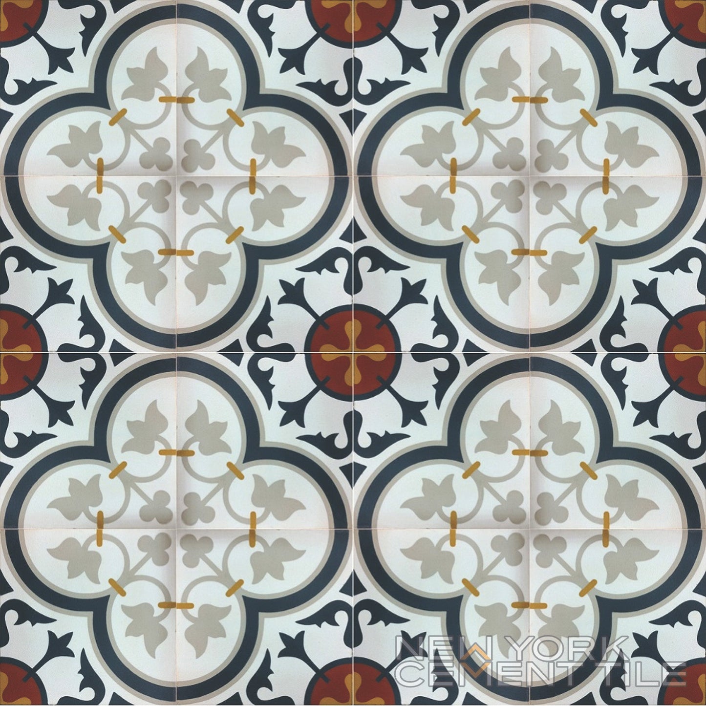 The N20-045 Sample by New York Cement Tile features a gray, white, black & rust floral tile—ideal for durable flooring.