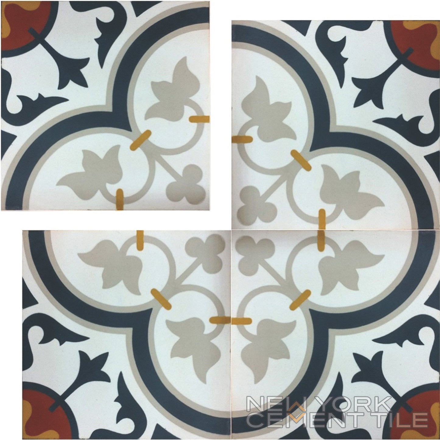 N20-045 Extra Sample by New York Cement Tile features four handcrafted tiles in a symmetrical black, grey, gold, and white pattern.