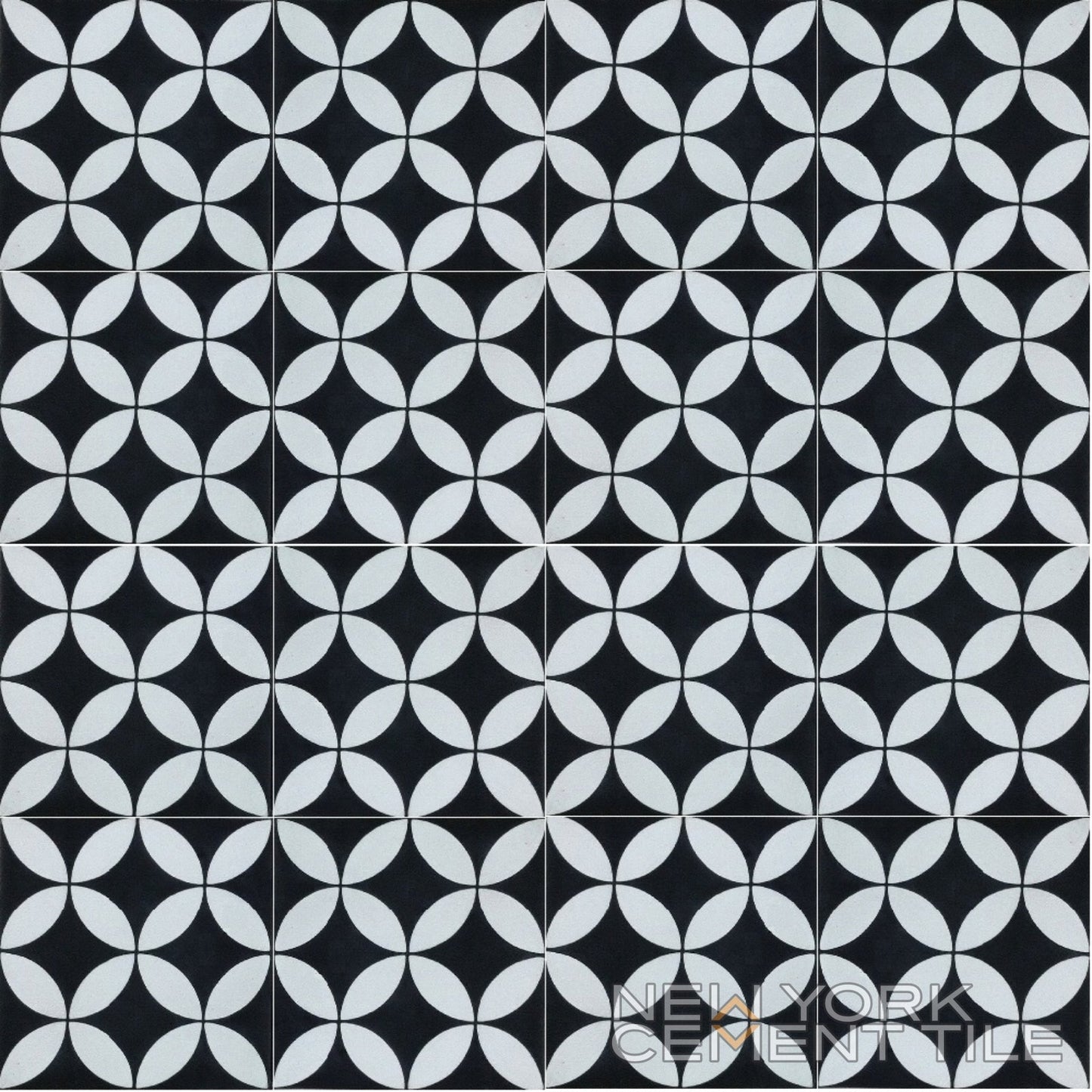 N20-061, Sample by New York Cement Tile: Black & white geometric cement tile with circles, petals & logo in the corner.