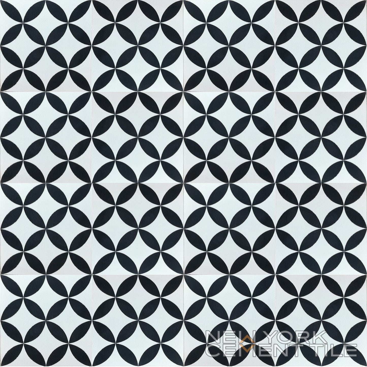 N20-062 Sample by New York Cement Tile: Black & white cement tile with overlapping circles, diamonds, and handcrafted detail.