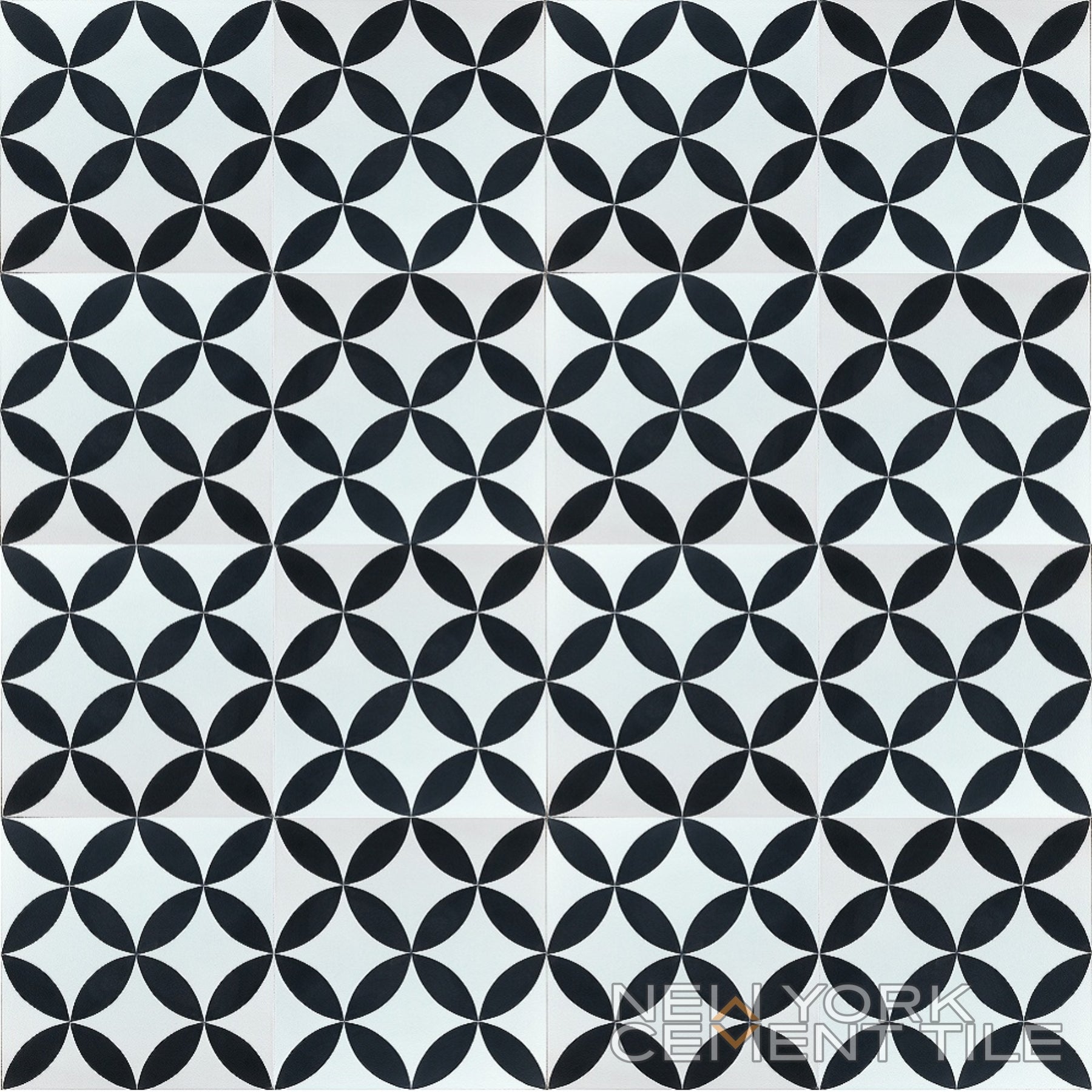 N20-062 Sample by New York Cement Tile: Black & white cement tile with overlapping circles, diamonds, and handcrafted detail.