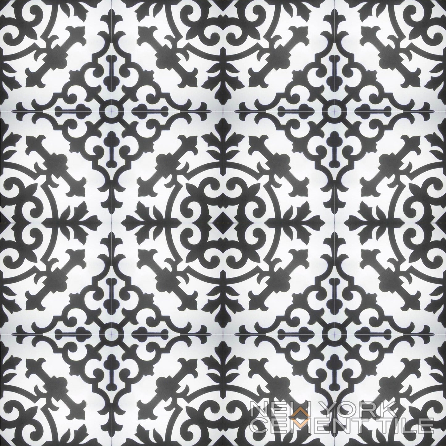 N20-063 Sample: Black and white geometric tile with floral scrolls by New York Cement Tile. Durable corner flooring.